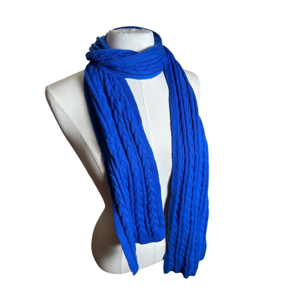Talbots Royal Blue Cable Knit Scarf Lambswool Blend Long Winter Wrap Preppy Chic